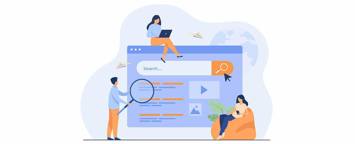 Illustration of three people interacting with a large web browser search page, highlighting organic search visibility through a prominent search bar, magnifying glass, and digital icons.