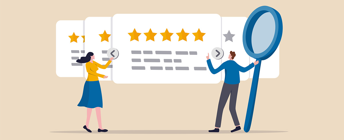 Illustration of two people reviewing and adjusting star ratings on large review cards, with one holding a magnifying glass—perfect for showcasing senior living marketing strategies.