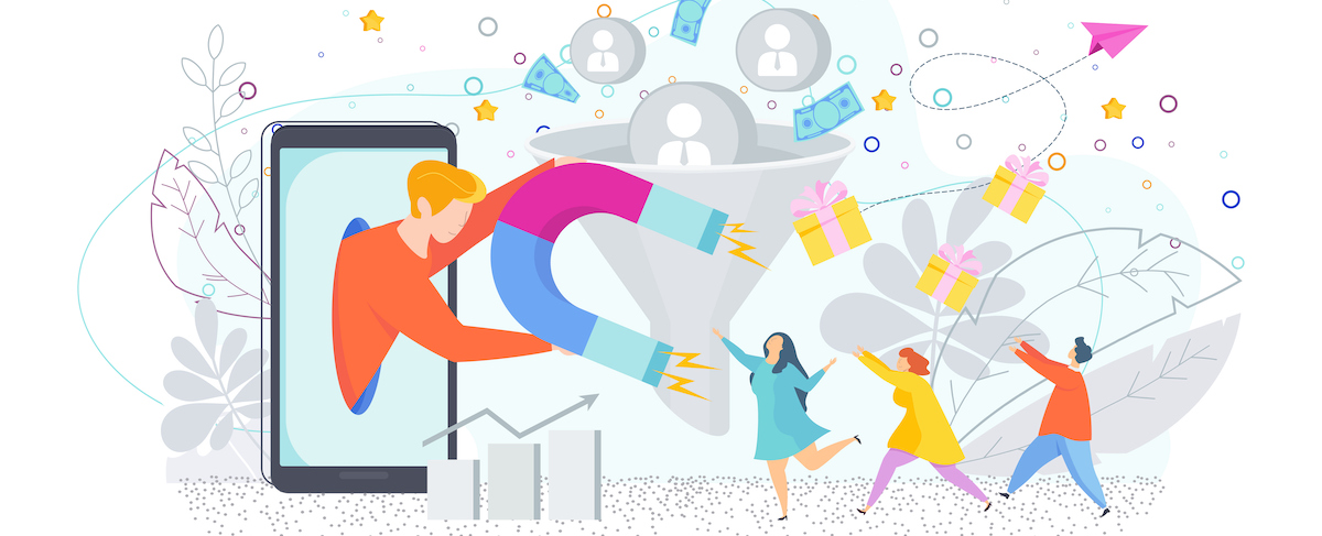 Illustration of a person emerging from a phone holding a magnet, attracting people into a funnel—others reach for gift boxes and money icons, visually representing effective inbound marketing tips.