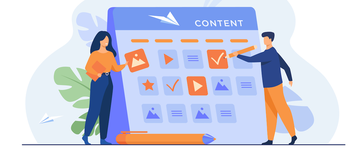 Two people stand in front of a large content calendar, marking tasks and reviewing images, videos, checklists, and brainstorming new content offer ideas.