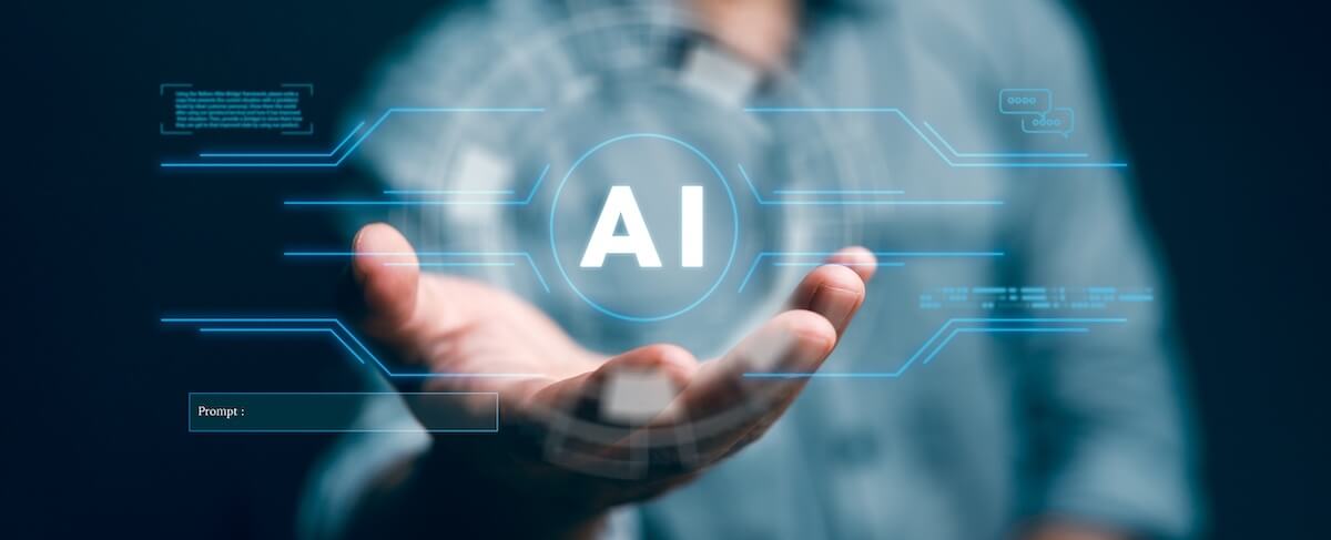 A person holds out their hand with a digital hologram displaying the letters "AI" and futuristic interface graphics, symbolizing the innovative future of senior living marketing.