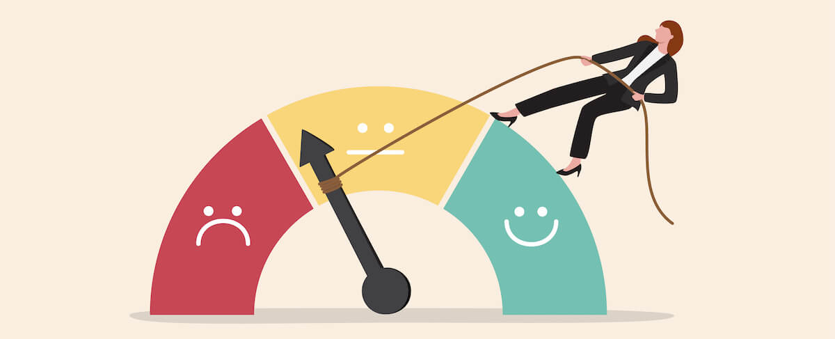 Illustration of a woman pulling a gauge needle from the sad red to the neutral yellow section on a satisfaction meter, symbolizing how to handle bad Google reviews and improve customer feedback.