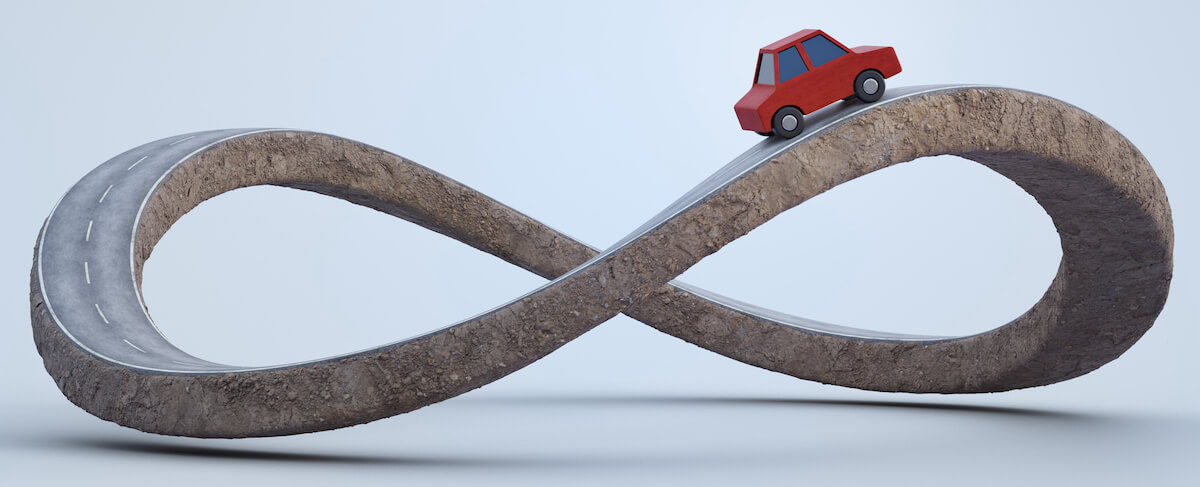 A red car drives on a road shaped like a three-dimensional infinity symbol, its surface looping continuously—much like the endless feedback in closed loop marketing.