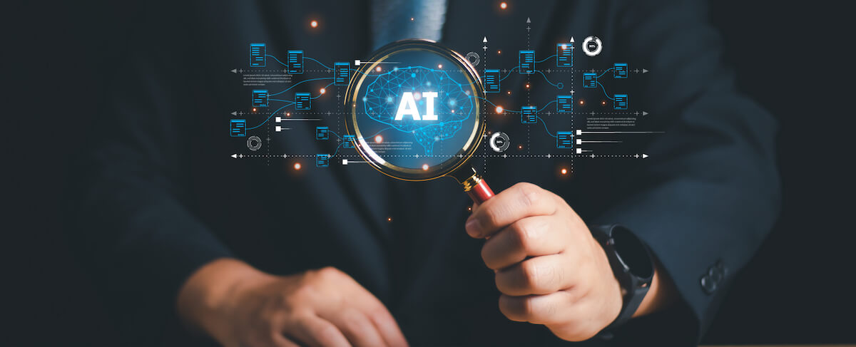 A person in a suit holds a magnifying glass over a digital graphic displaying the letters “AI,” technology icons, and insights related to SEO for senior living.