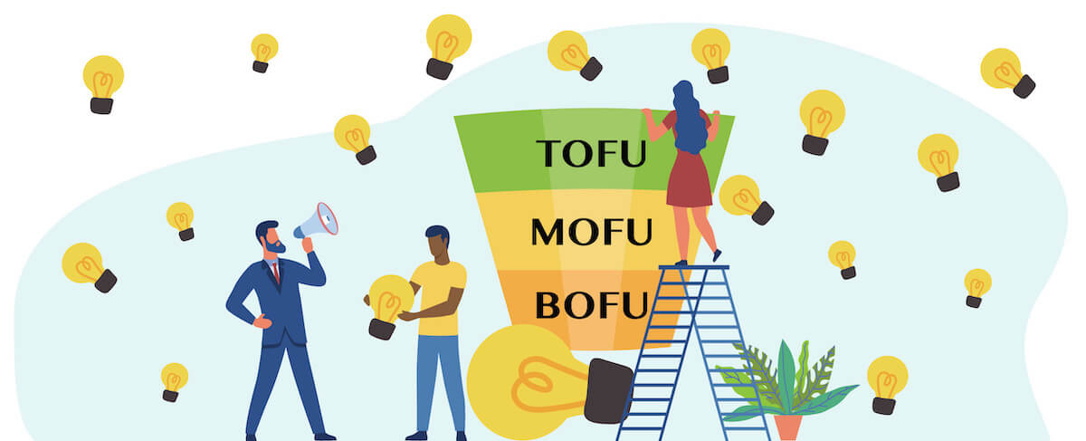 Three people stand near a sales funnel labeled TOFU, MOFU, BOFU, with lightbulbs floating around, symbolizing ideas or marketing strategies and the importance of bottom-of-the-funnel content in converting leads.