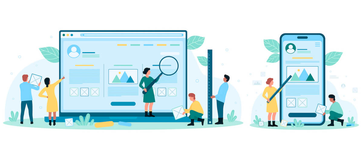 Illustration of people collaborating to design a website on a large computer screen and a mobile device, exploring graphics, text boxes, and measuring tools—highlighting solutions for why isn't my website converting.