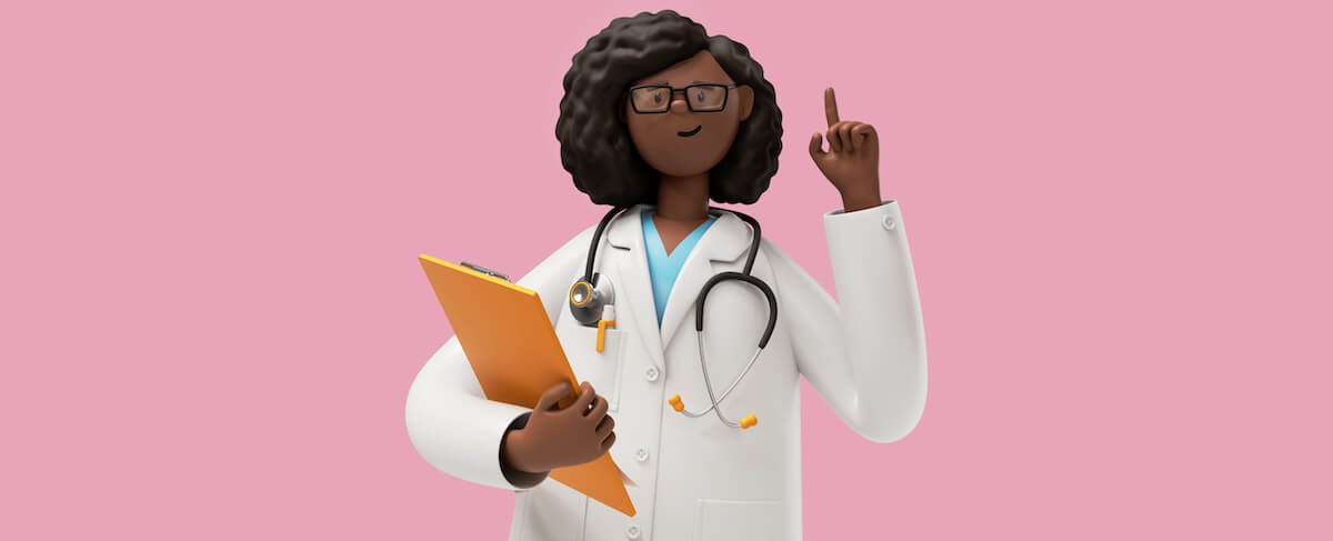 3D illustration of a doctor with dark curly hair, wearing glasses, a white coat, and a stethoscope, holding a yellow folder and raising one finger—perfect for senior living marketing strategy visuals against a pink background.