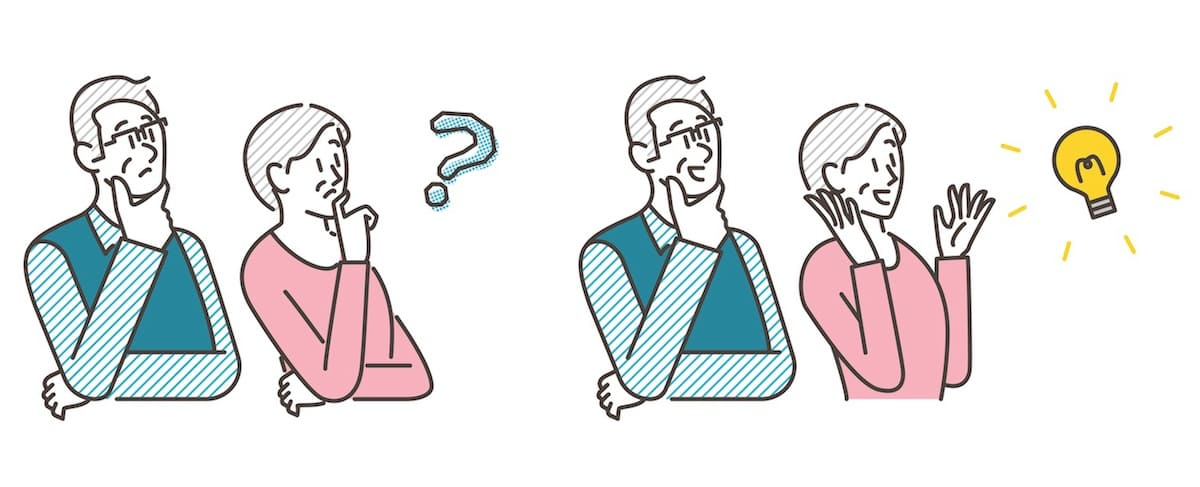 Illustration of a person thinking, then looking confused with a question mark, and finally having an idea with a glowing lightbulb—perfect for concepts like generating senior living leads (90 MSV).