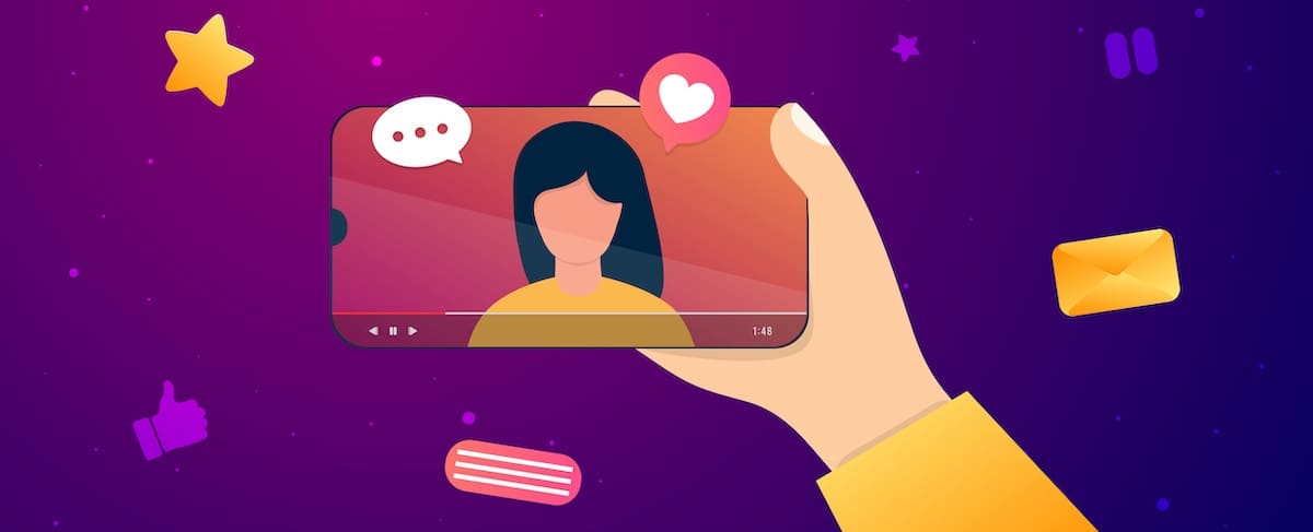 Illustration of a hand holding a smartphone displaying a woman in a video call, with chat and like icons on the screen, highlighting senior living social media marketing and various social media symbols in the background.