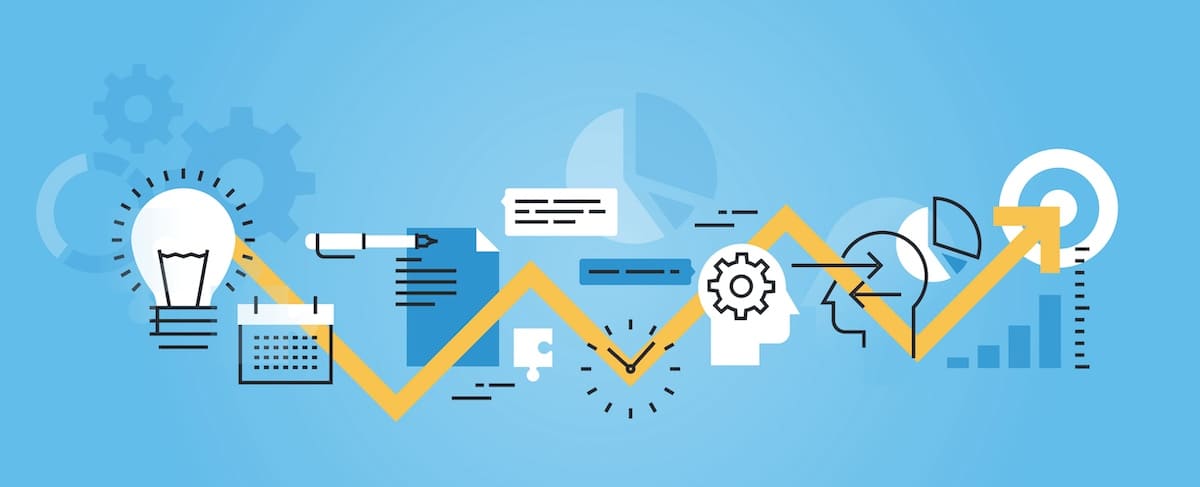 Illustration of business and productivity icons, including a lightbulb, calendar, gears, and charts—ideal for crafting a senior living marketing plan (40 MSV)—connected by a rising yellow arrow against a blue background.