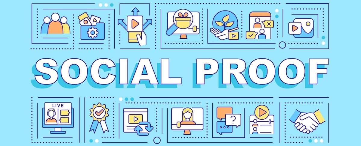 A graphic with the words "Social Proof" surrounded by icons representing networking, awards, messages, video, handshake, and positive feedback—highlighting digital marketing for senior living—on a blue background.