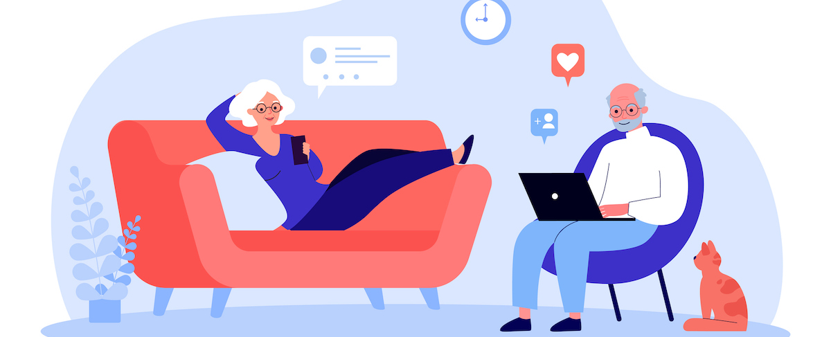 An elderly woman relaxes on a sofa with a smartphone while an elderly man uses a laptop in a chair; a cat sits nearby. Social media icons above them highlight the role of digital connection in senior living marketing.