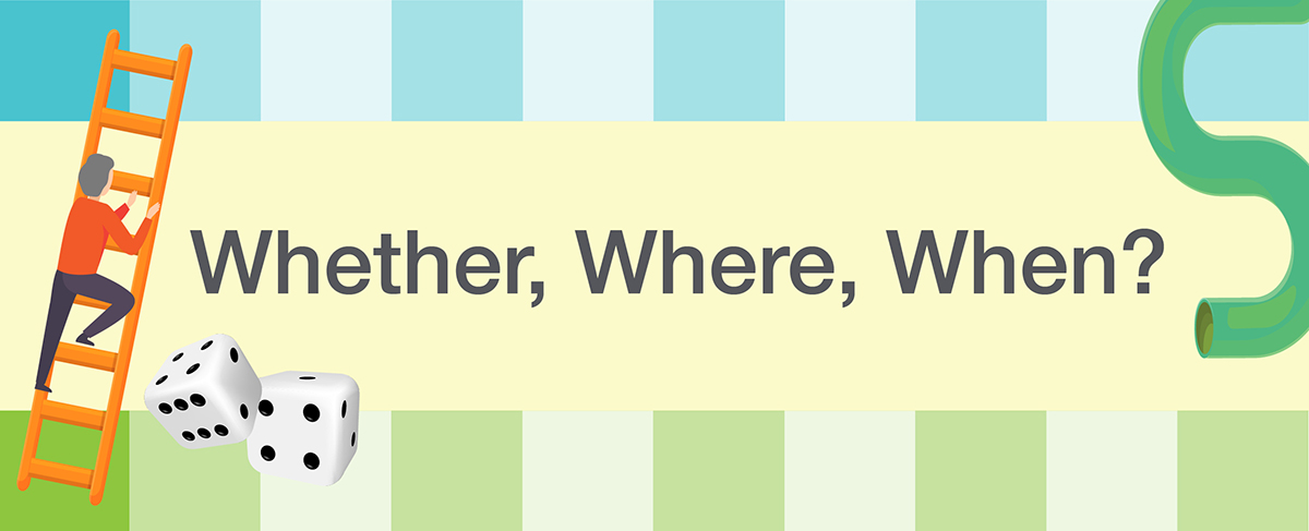 A person climbs a ladder next to dice and a green slide, with the text "Whether, Where, When?" on a striped background—perfect for promoting senior living marketing events.