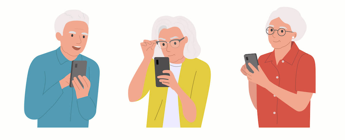 Three older adults using smartphones; one smiles, one adjusts glasses while looking at phone, and one holds a phone with both hands—showcasing how assisted living PPC management can empower seniors through technology.
