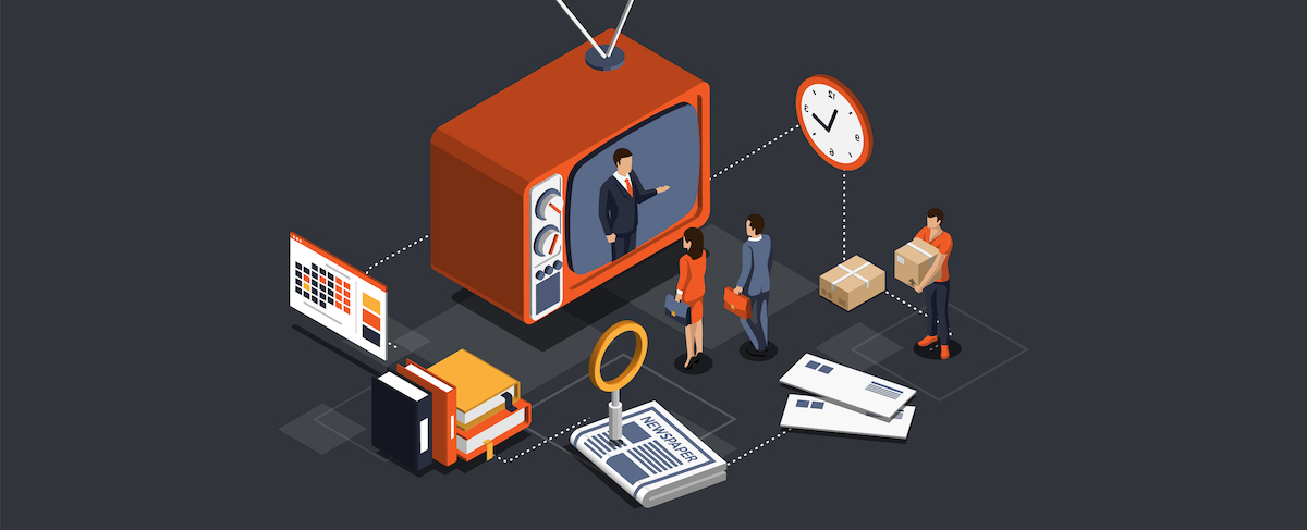 Illustration of people interacting with business items like documents, boxes, a clock, books, and a large TV displaying a news presenter, symbolizing communication, organization, and traditional marketing methods.