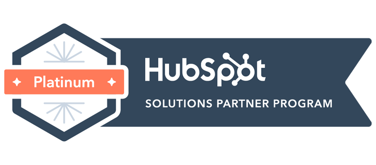 HubSpot Solutions Partner Program Platinum badge with geometric design and text on a dark blue background, highlighting recognition as a senior living HubSpot partner.