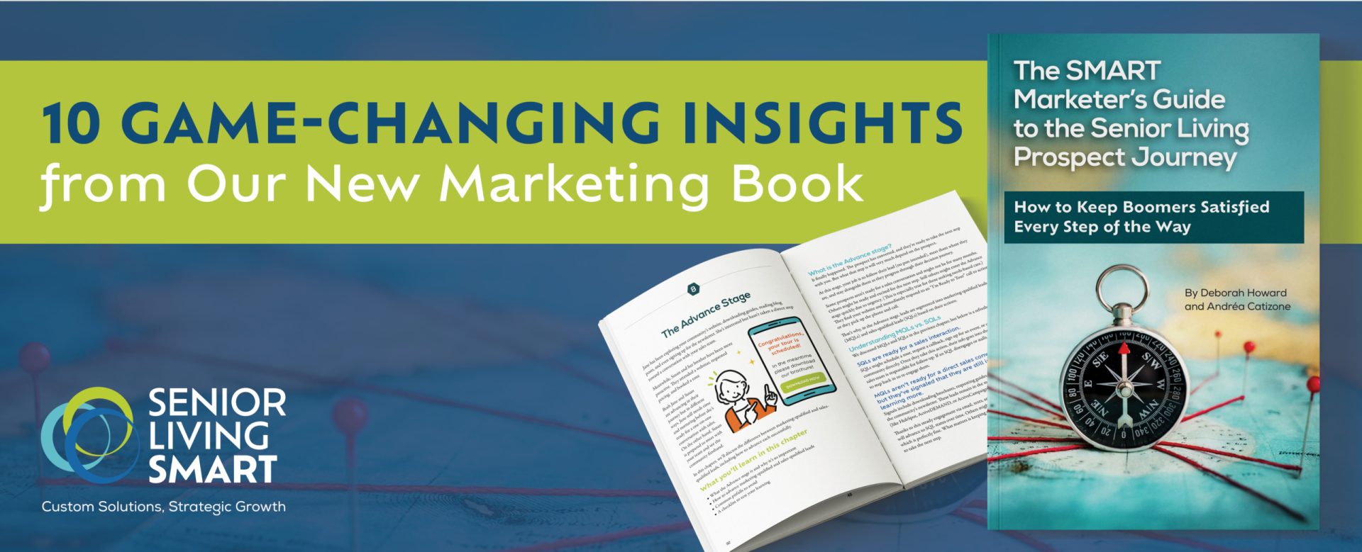 Banner promoting "The SMART Marketer’s Guide to the Senior Living Prospect Journey," featuring the book’s cover and a tagline highlighting 10 key senior living marketing insights from this new industry guide.