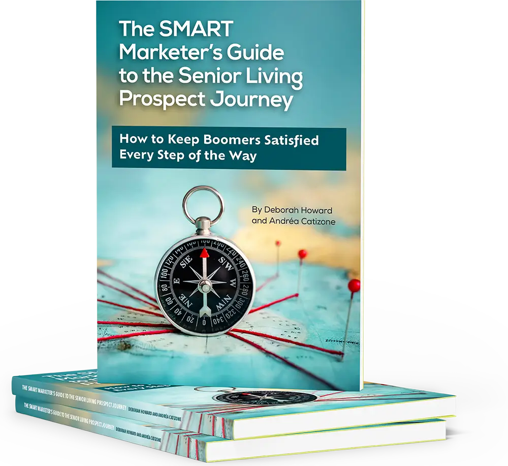 Book titled "The SMART Marketer's Guide to the Senior Living Prospect Journey" standing on a stack of similar books, featuring a compass image on the cover.