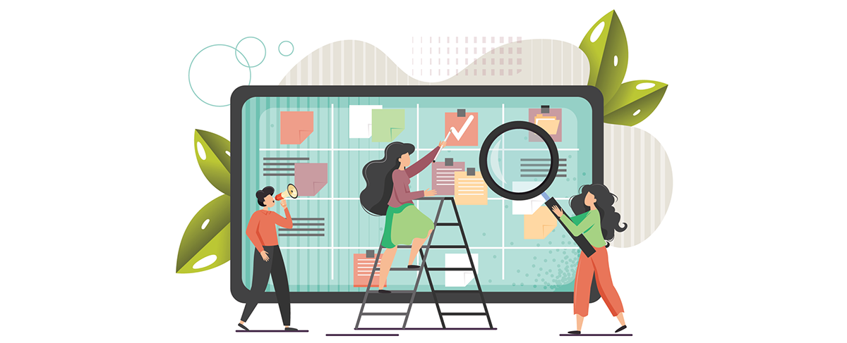 Three people organize colorful notes and documents on a large digital board, illustrating dynamic senior living marketing; one uses a magnifying glass, another stands on a ladder, as leaves decorate the background.