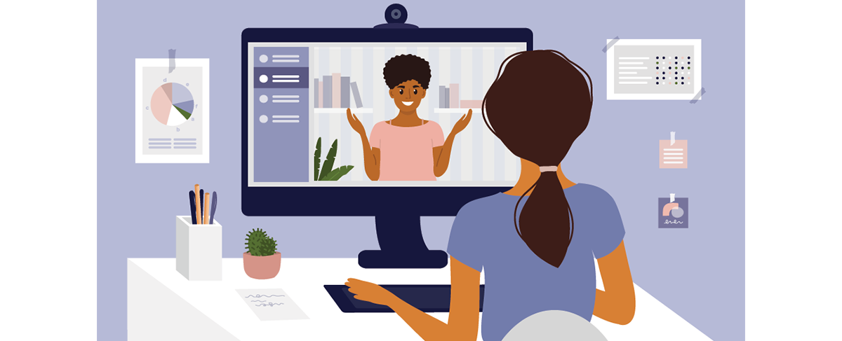 Illustration of a woman at a desk having a video call about senior living marketing events with another woman displayed on a computer monitor, with charts and notes on the wall in the background.