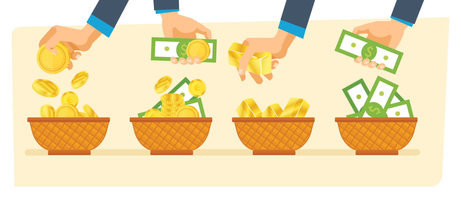 Illustration of four hands placing coins, bills, and gold bars into separate baskets, symbolizing different methods of saving or investing money—perfect for senior living advertising campaigns focused on financial security.
