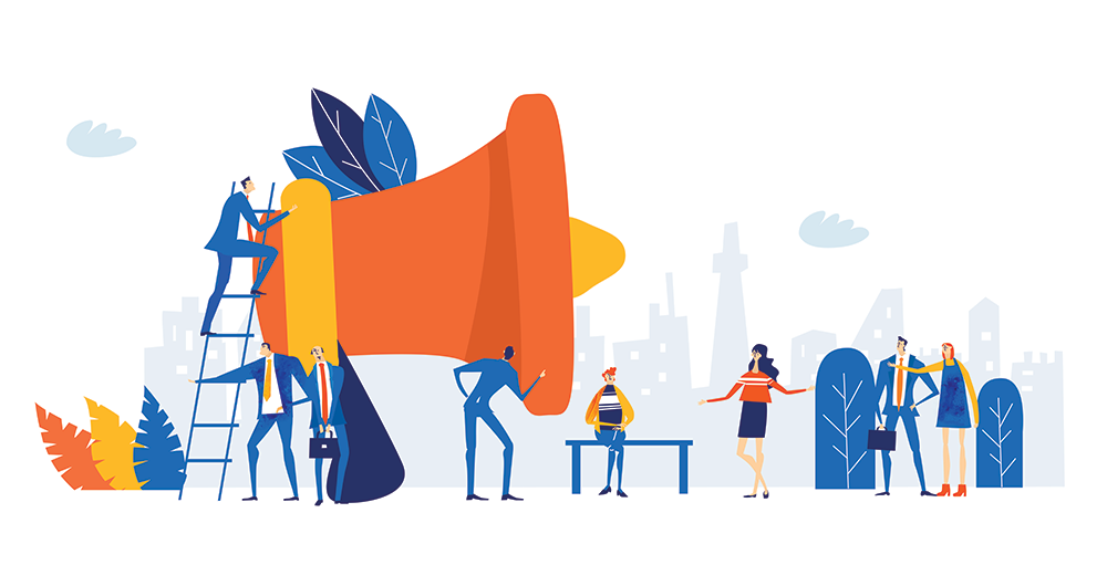 Illustration of people working around a large megaphone in a cityscape, symbolizing communication, teamwork, public announcement, and effective Senior Living Branding.