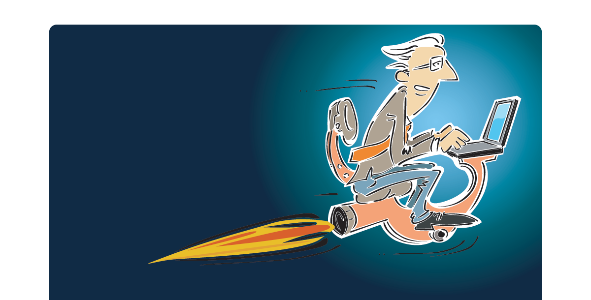 Cartoon of a man in a suit using a laptop while sitting in a chair propelled by flames, suggesting fast or high-energy work—perfect for illustrating speedy updates on a senior living website.