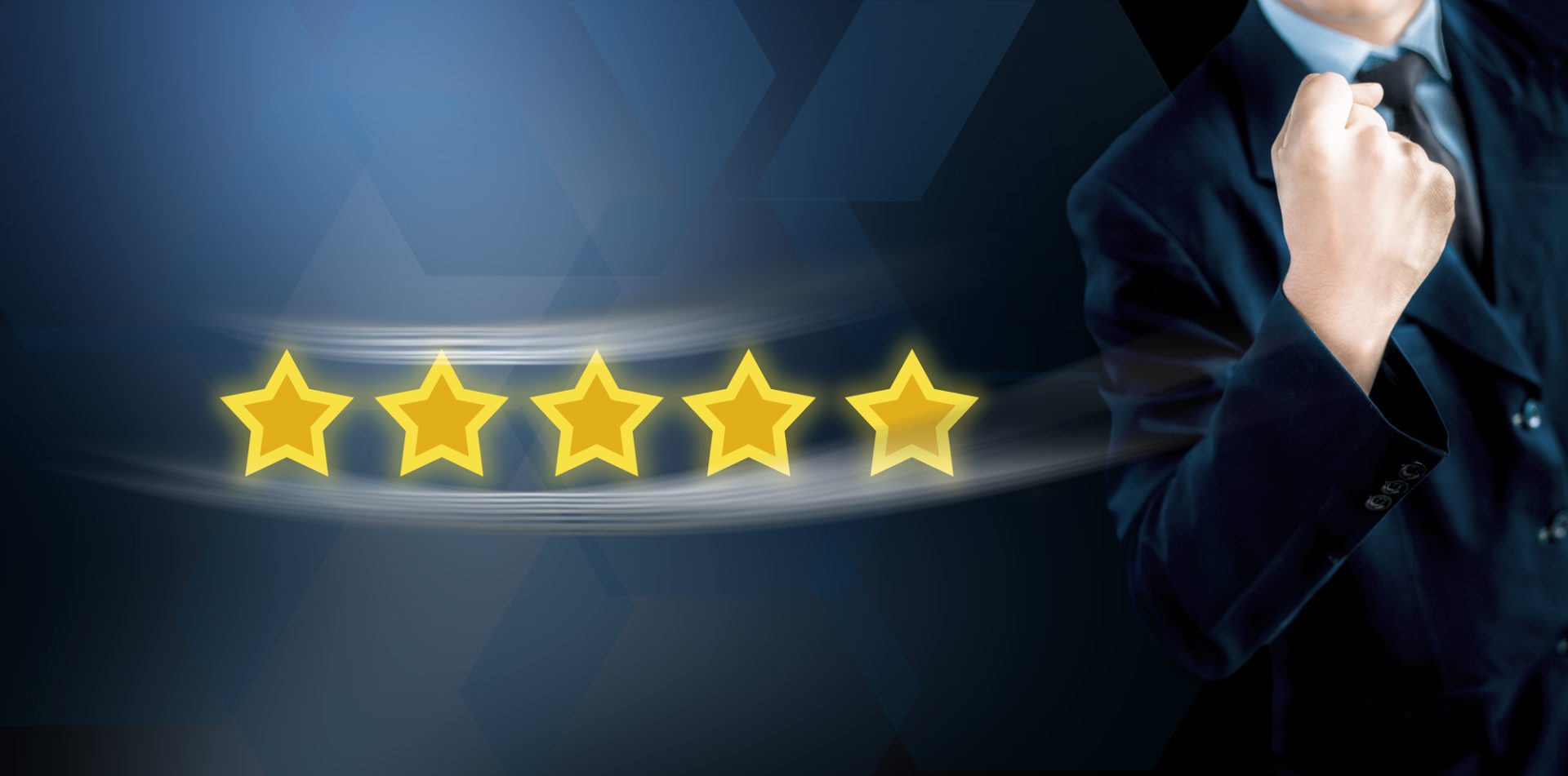 A person in a suit with a clenched fist stands beside five glowing yellow stars, symbolizing outstanding senior living reputation management on a dark geometric background.