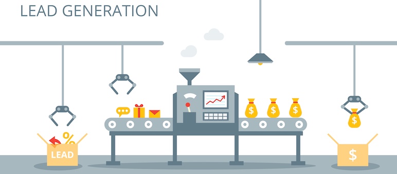 Illustration of a conveyor belt processing Senior Living Leads into bags of money, symbolizing lead generation and business profit.