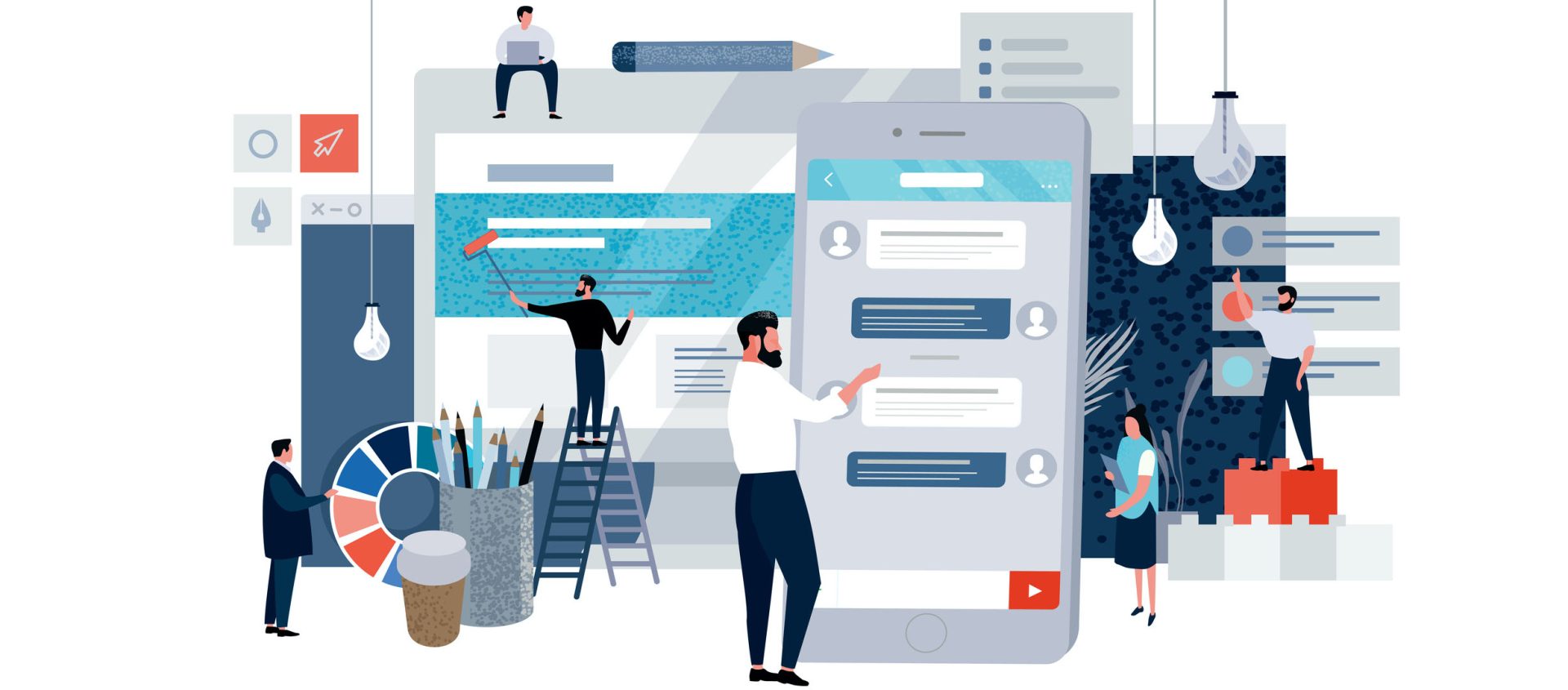 Illustration of people collaborating on digital devices, with tools, charts, and messages, symbolizing teamwork and communication in a modern office environment focused on generating senior living leads.