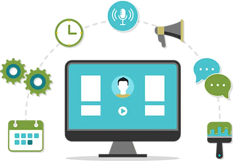 SMART-Webinars Illustration of a computer monitor displaying a video conference, surrounded by icons for a clock, microphone, gears, calendar, chat bubbles, and paintbrush.