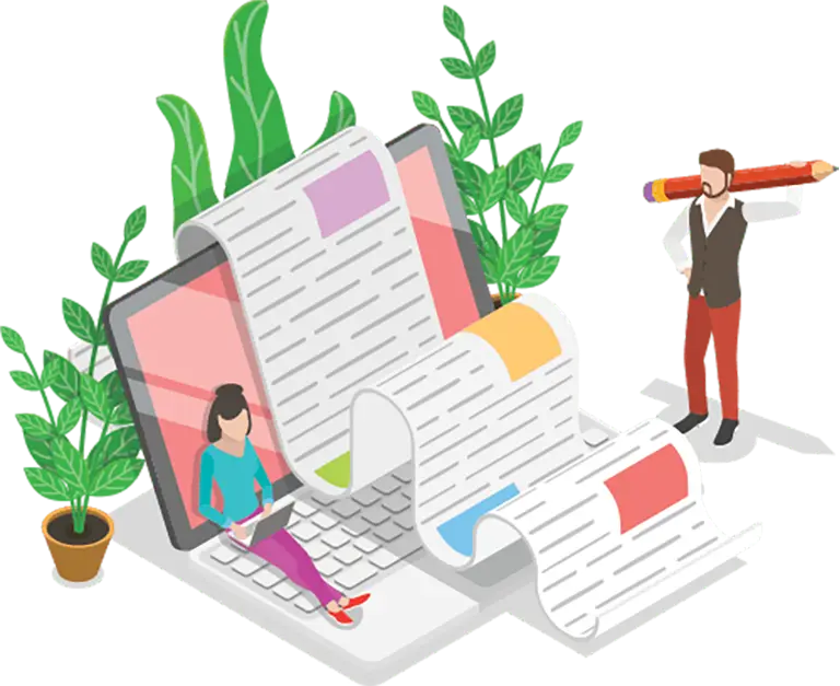 Illustration of a woman sitting on a laptop keyboard with long documents coming out of the screen, while a man stands nearby holding a large pencil, surrounded by green plants.