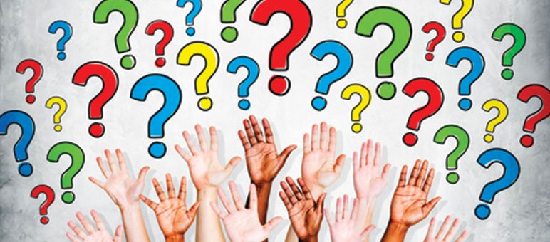 Multiple raised hands of various skin tones appear below a cluster of colorful question marks, symbolizing curiosity about digital marketing for senior living, all set against a light gray background.