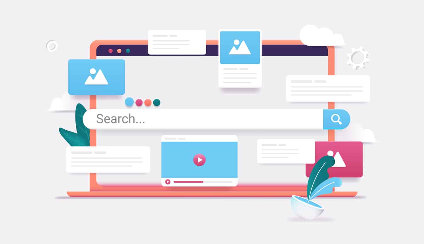 Illustration of a laptop screen with a search bar, image and video thumbnails, text boxes, decorative plants, and gears, representing online searching and content discovery for senior living Google ads.