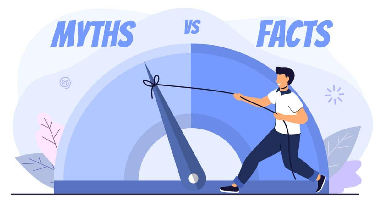 Illustration of a person pulling a needle from the "myths" side to the "facts" side on a large gauge, with "MYTHS vs FACTS" above—highlighting truths about senior living leads.