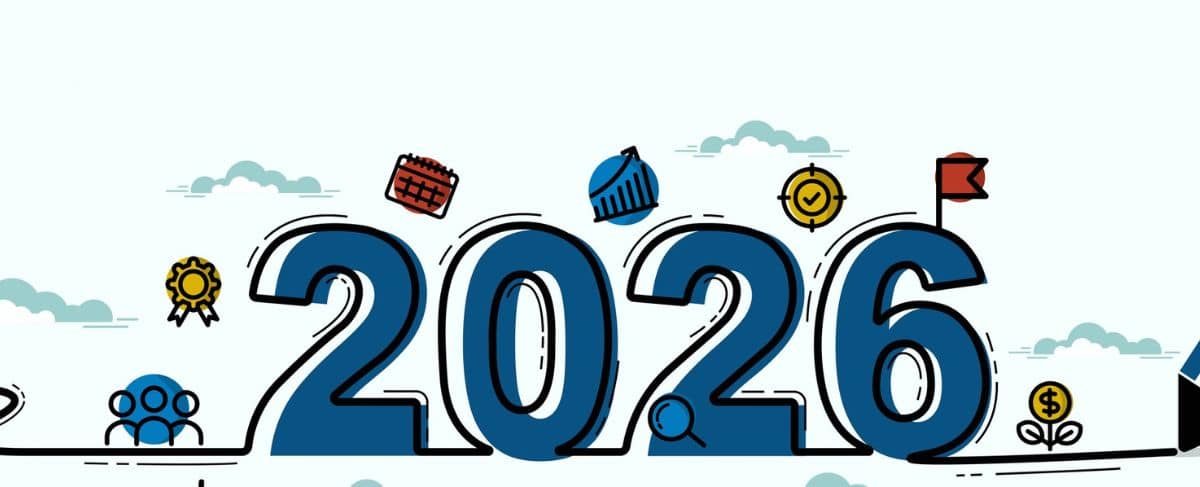 Large blue numbers "2026" with icons above each digit—calendar, graduation cap, target, flag, medal, group of people, magnifying glass, and dollar sign—highlighting key Senior Living Marketing Predictions for the year ahead.