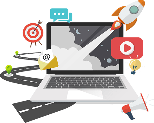 Illustration of a laptop with icons of a rocket, target, email, chat, map, video, lightbulb, and megaphone, symbolizing digital marketing and online communication.