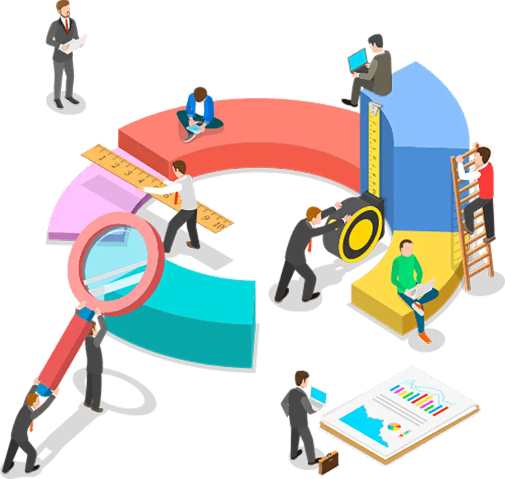 Illustration of businesspeople analyzing colorful data charts with graphs, magnifying glass, rulers, and laptops, representing teamwork in data analysis and presentation.