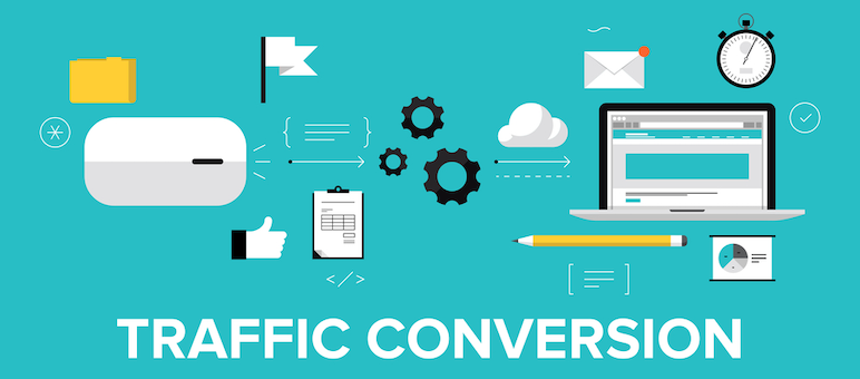 Illustration with computer, folder, email, gears, clipboard, pencil, clock, and charts above the words "Traffic Conversion" on a blue background, representing how to turn senior living website traffic into leads.