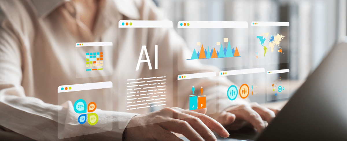 Person typing on a laptop with virtual screens displaying data, charts, "AI," and tips on how to manage a waiting list in a modern workspace.