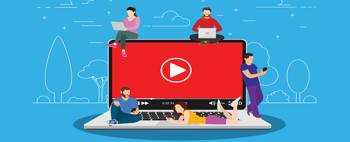 Illustration of four people using laptops and phones around a giant laptop displaying a video play button, set outdoors, highlighting senior living social media engagement.