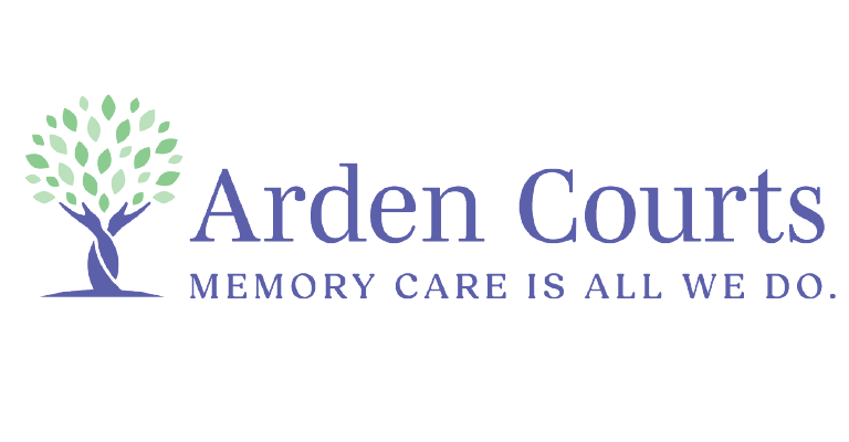 Arden Courts logo with a green and purple tree graphic and the text "Arden Courts MEMORY CARE IS ALL WE DO." on a light background.
