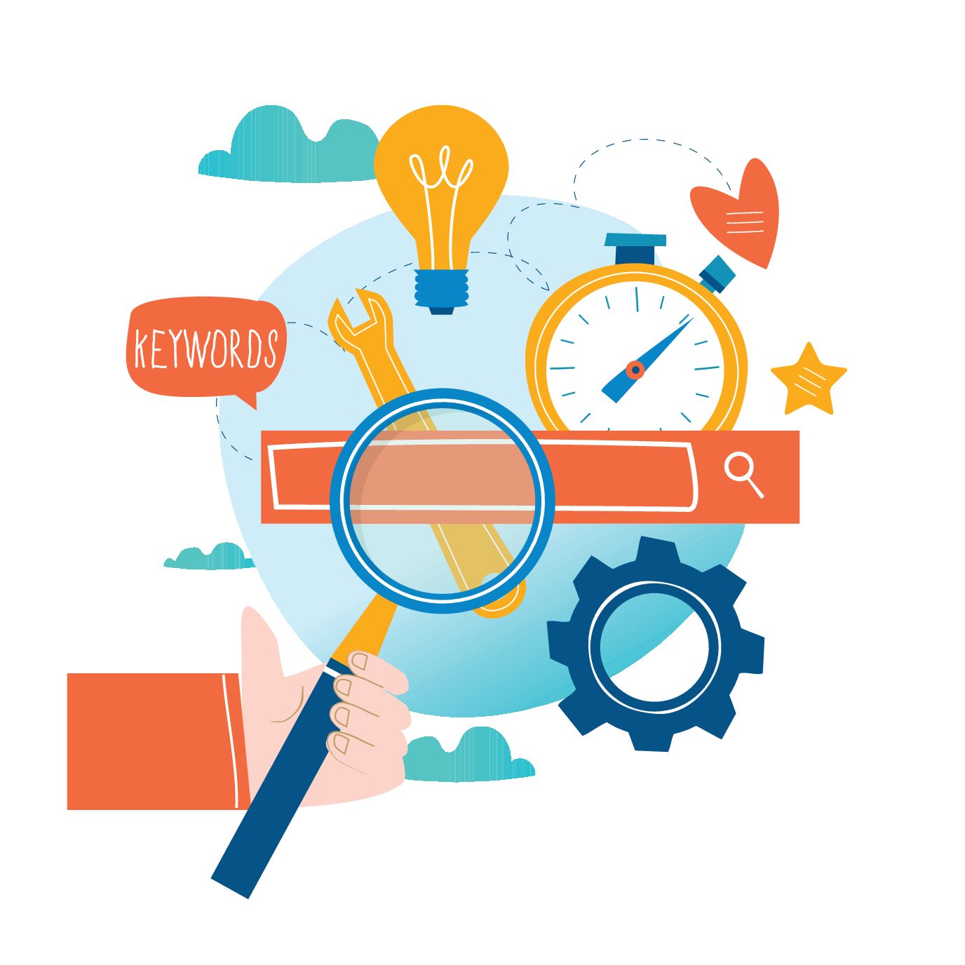 Illustration of a hand holding a magnifying glass over a search bar, surrounded by icons like a light bulb, stopwatch, wrench, gear, cloud, and a speech bubble labeled "Strategies to optimize your website for improved conversions.