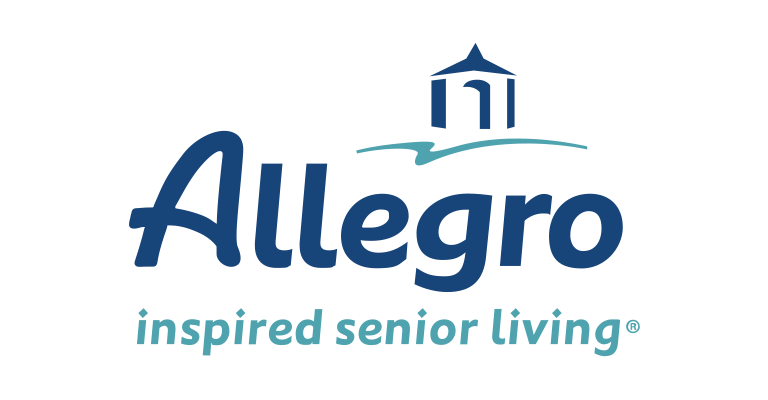 Allegro logo with the slogan "inspired senior living" and a blue gazebo icon above the text.