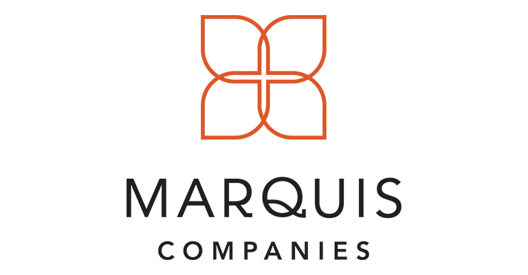 Marquis Companies logo featuring an orange geometric floral design above the company name in black text on a white background.