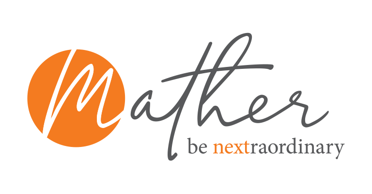 Logo with the word "Mather" in script, an orange circle behind the "M," and the phrase "be nextraordinary" with "next" in orange.