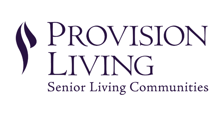 Logo for Provision Living Senior Living Communities featuring a stylized leaf graphic and purple text on a light background.