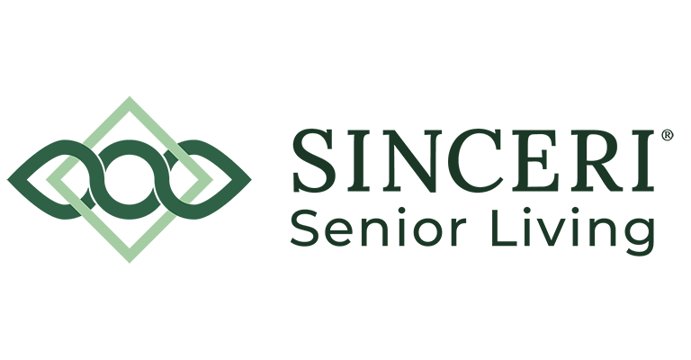 Sinceri Senior Living logo with interlocking green geometric shapes to the left of the company name in dark green text.