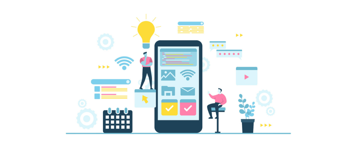 Illustration of a large smartphone surrounded by icons representing app features, two people interacting with digital elements, and symbols of connectivity and productivity—perfect for a content marketing agency showcasing digital solutions.