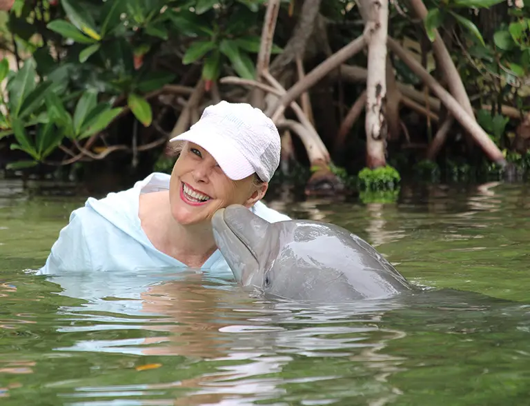 A woman wearing a white cap smiles as a dolphin touches its nose to her cheek in shallow water near mangrove trees.
